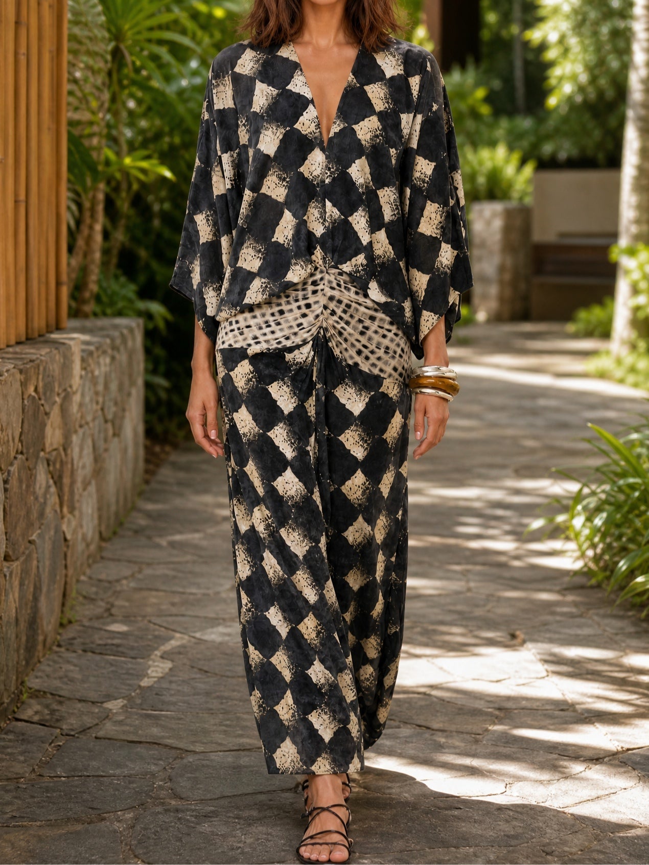 Casual Abstract Checkered Print Kimono-Sleeve Maxi Dress