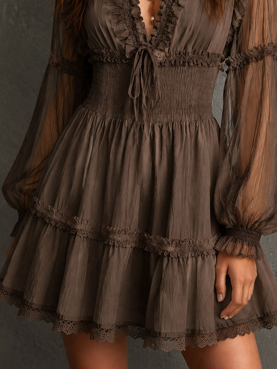 Boho Lace-Trimmed Smocked-Waist Sheer-Sleeve Mini Dress