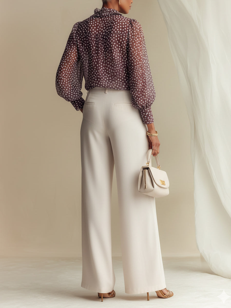 Purple Polka-Dot Chiffon Shirt and Pants Set