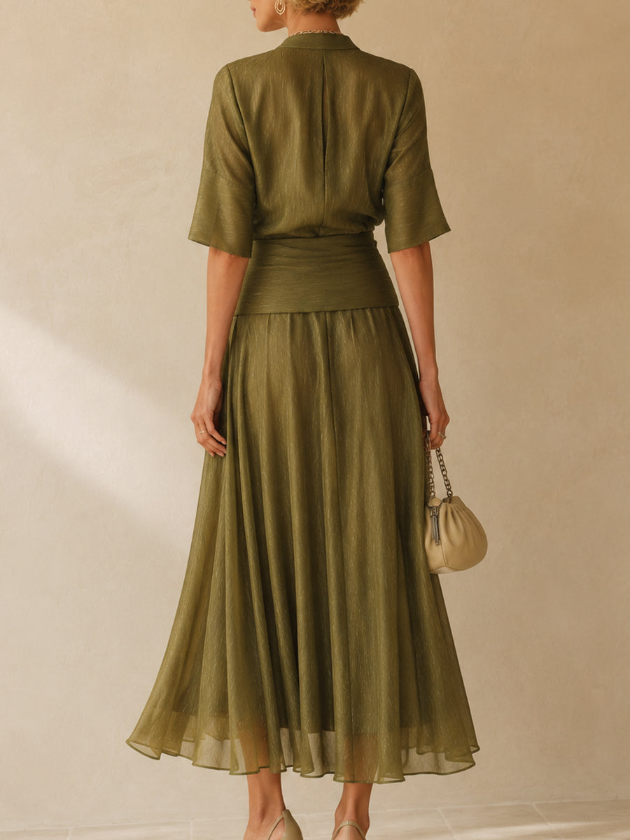 Elegant Short-Sleeve Shirt and Skirt Set with a Notched Collar