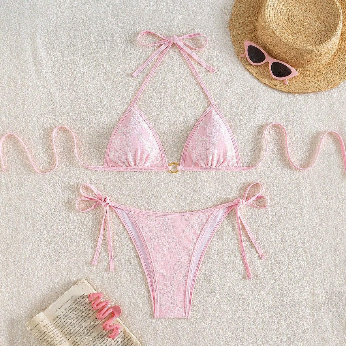 Sexy Backless Strappy Lace Triangle Bikini