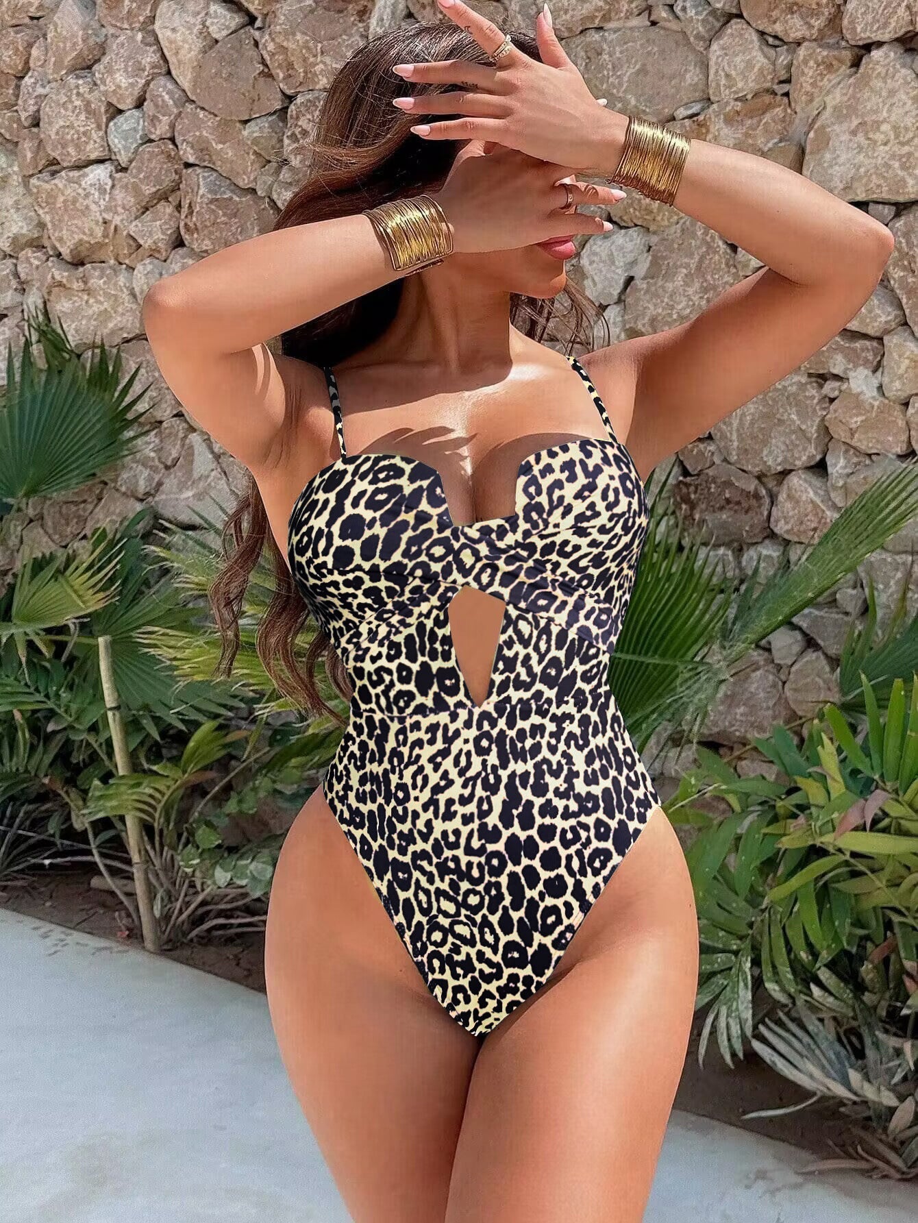 Solid-Color Vertical-Striped Openwork Tie-Side One-Piece Swimsuit