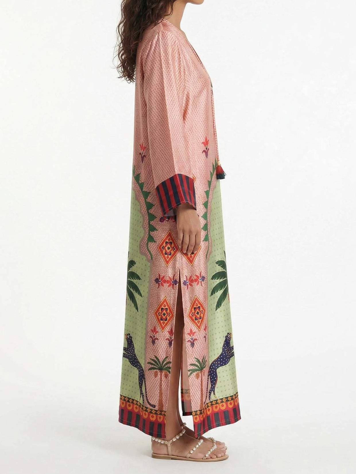 Vacation Printed Satin Maxi Dress with Side Slits
