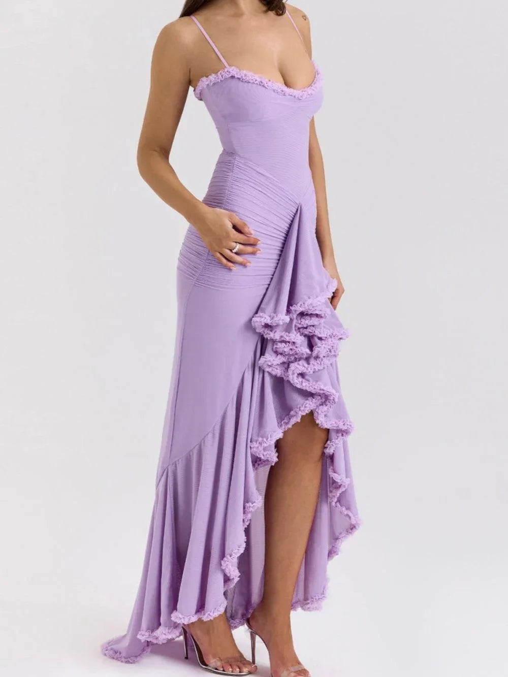 Off-the-shoulder mesh maxi dress