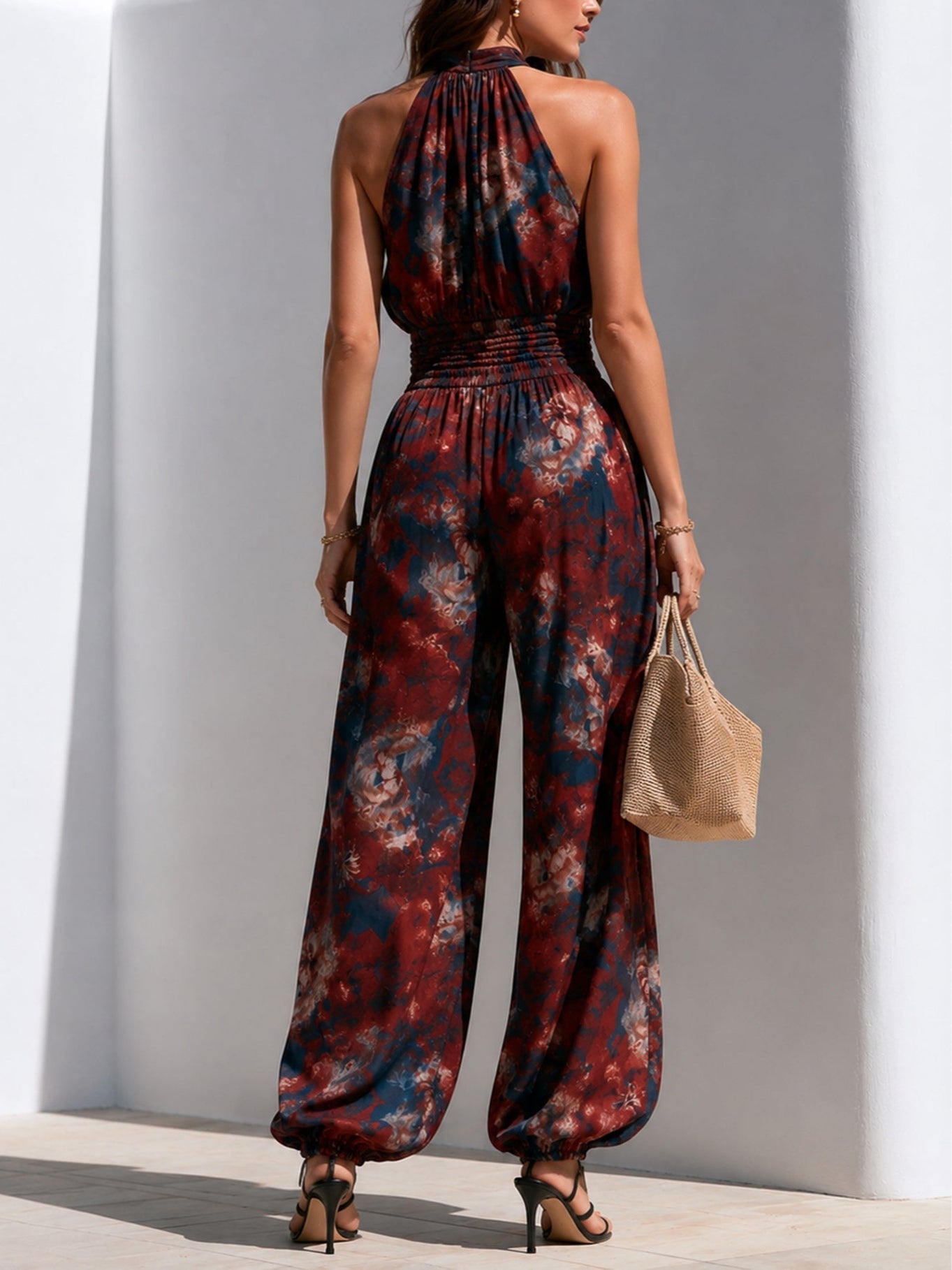 Red and Blue Abstract Print Crisscross Halter Jumpsuit