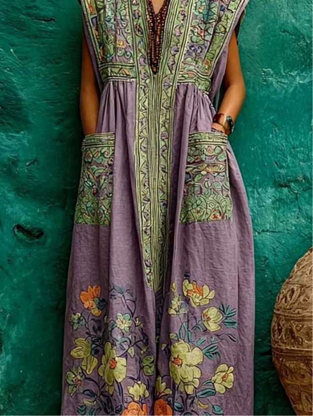 Ethnic-style partial print loose maxi dress with pockets