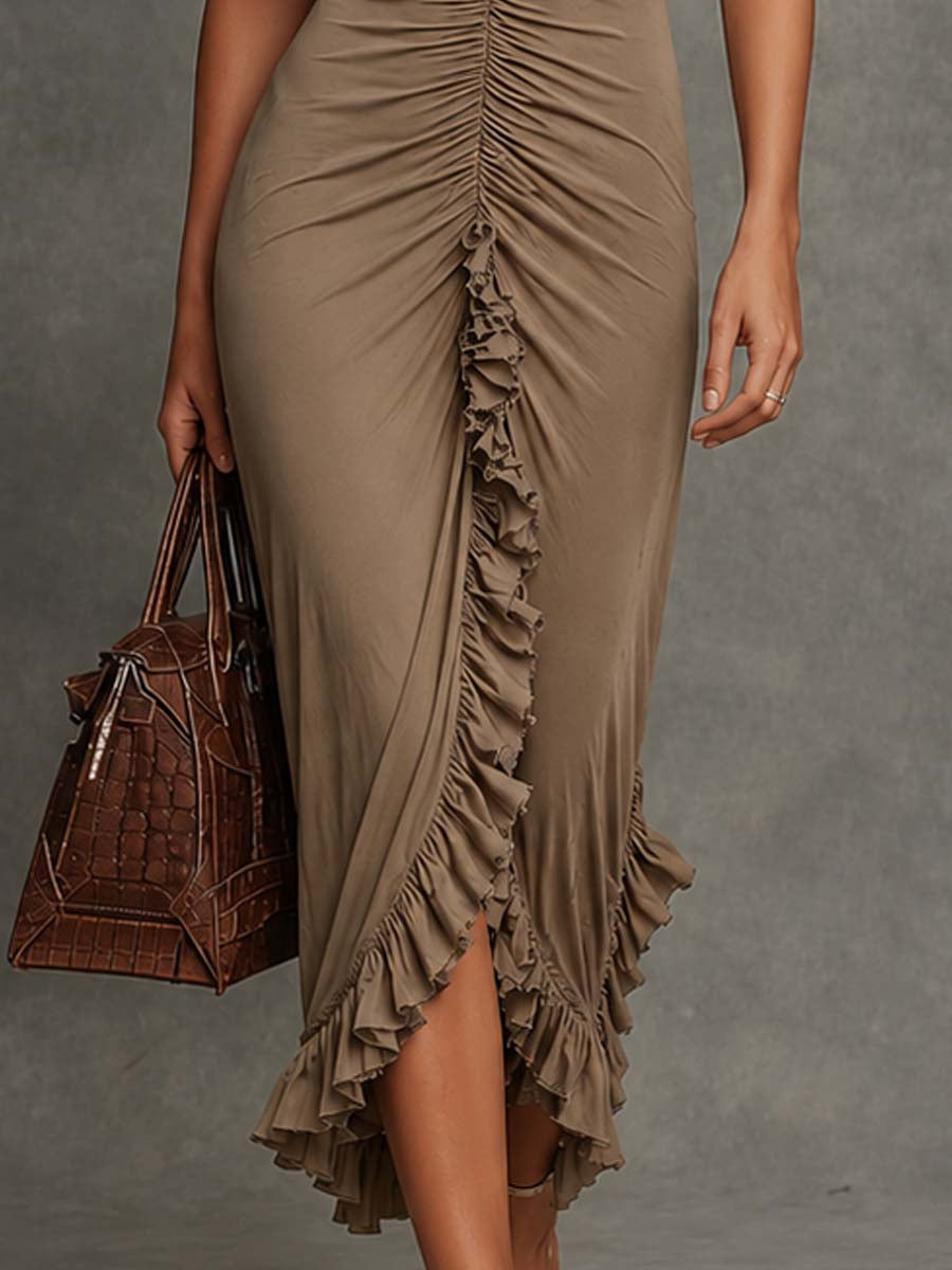 Boho Ruffle Ruched Split Bodycon Midi Dress