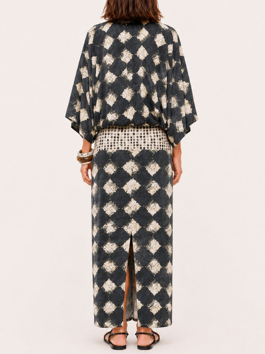 Casual Abstract Checkered Print Kimono-Sleeve Maxi Dress