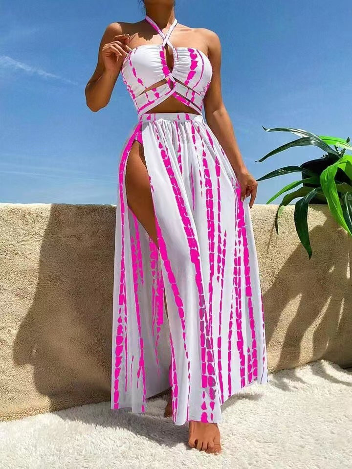 Two-Piece Bikini with Sexy Crisscross Straps and Sheer Skirt
