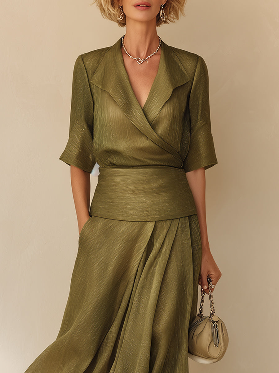 Elegant Short-Sleeve Shirt and Skirt Set with a Notched Collar