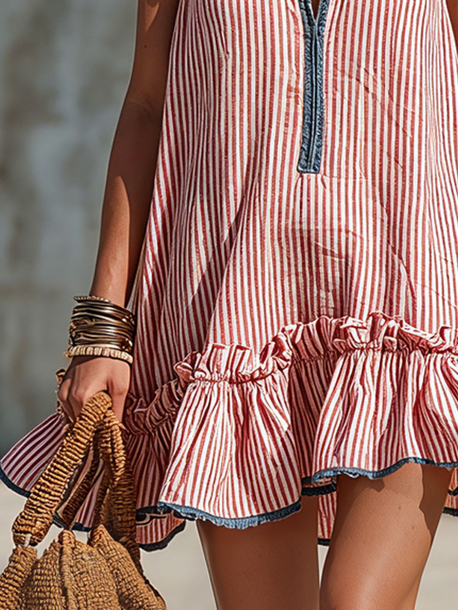 Retro Red and White Striped Ruffled Sleeveless Mini Dress