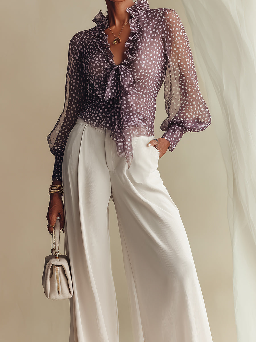 Purple Polka-Dot Chiffon Shirt and Pants Set