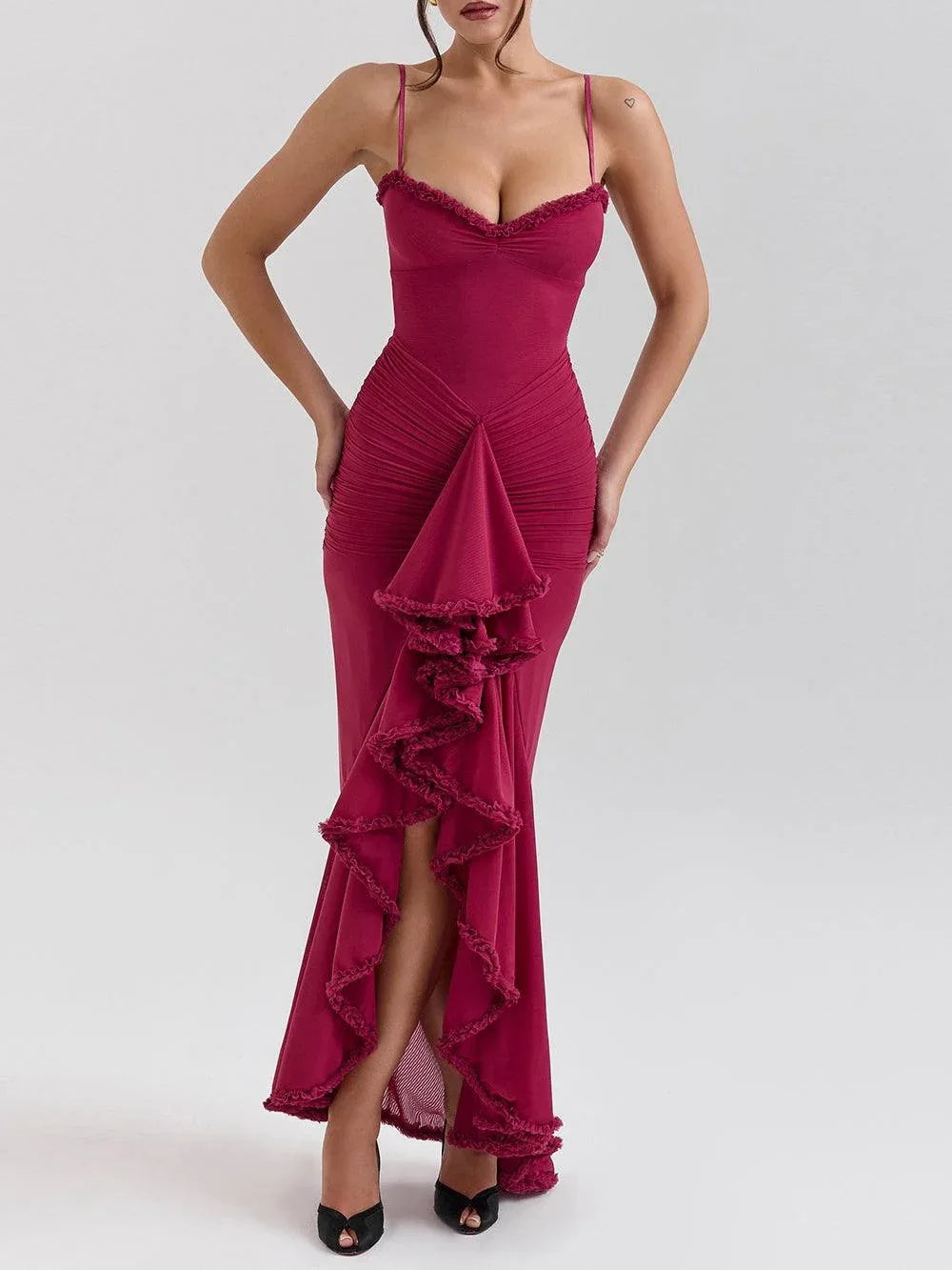 Off-the-shoulder mesh maxi dress