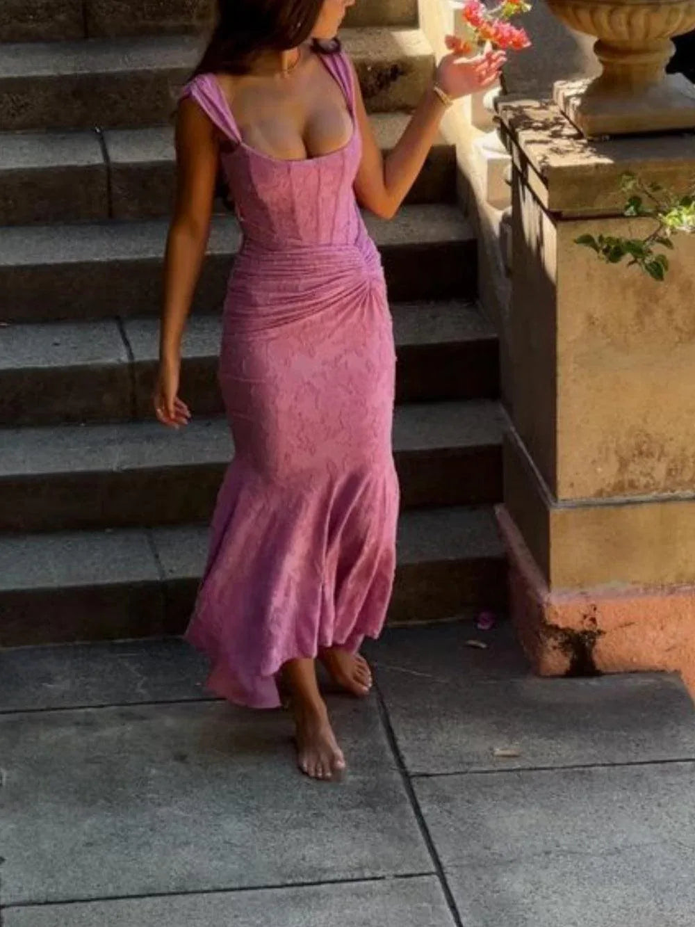 Dark Pink bell floral maxi dress