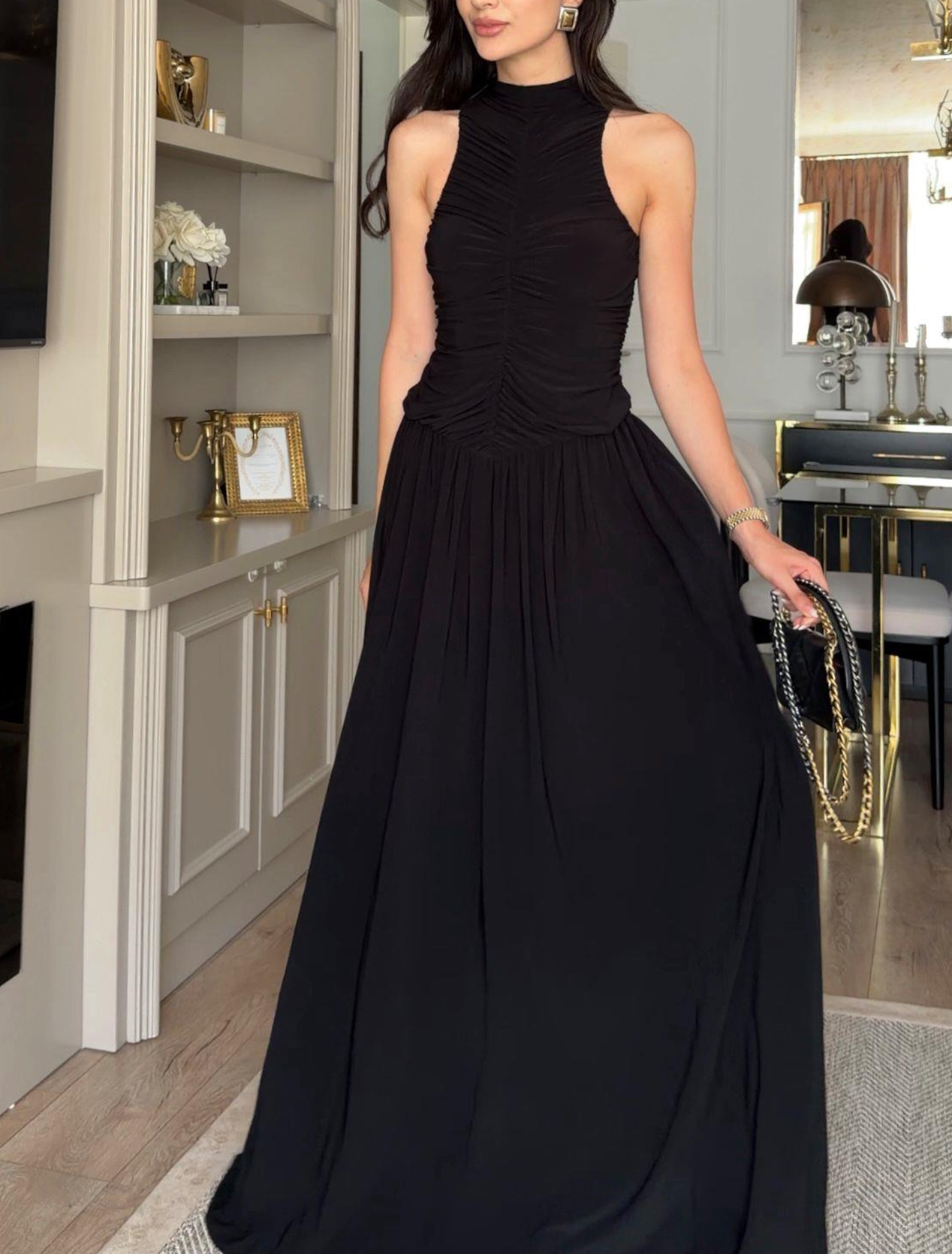 Black Pleated Belted Waist Maxi Dress