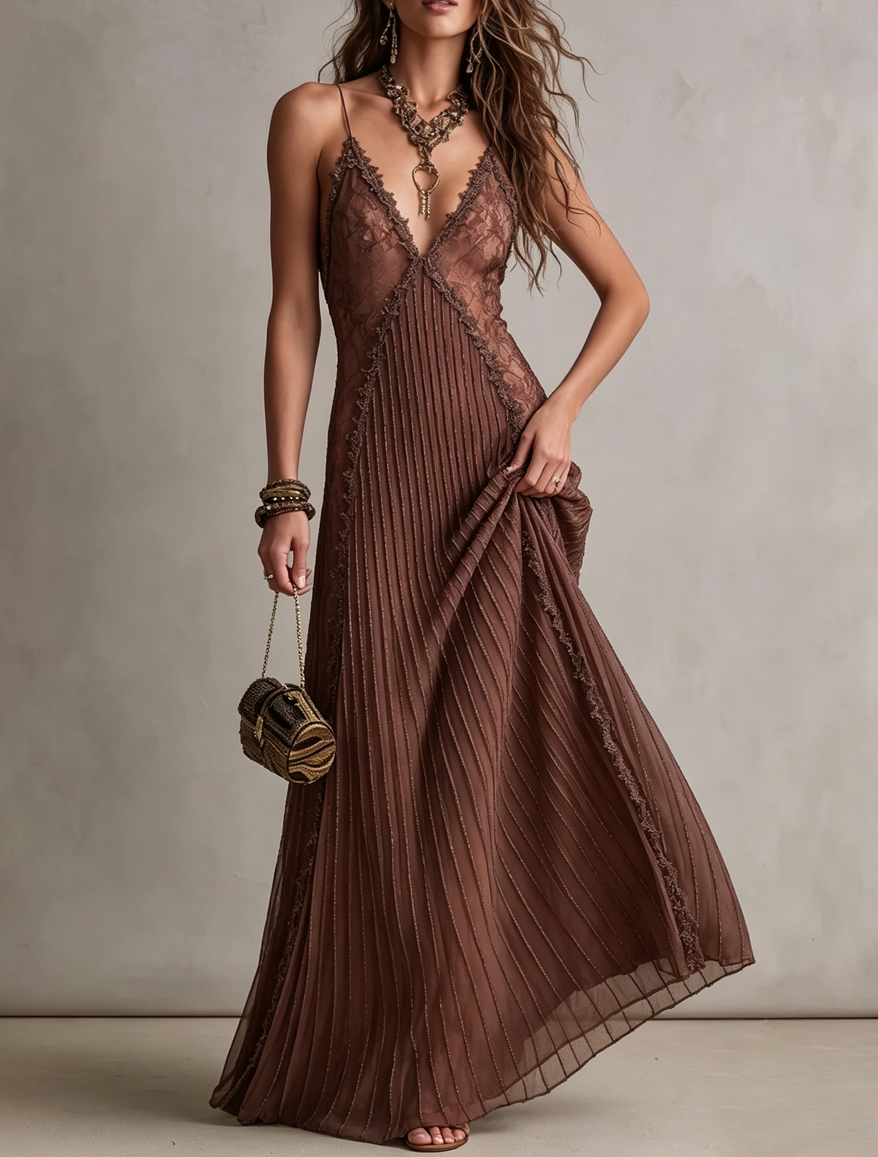 Brown Cami Lace Elegant Maxi Dress