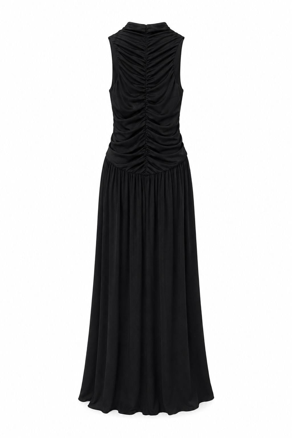 Black Pleated Belted Waist Maxi Dress