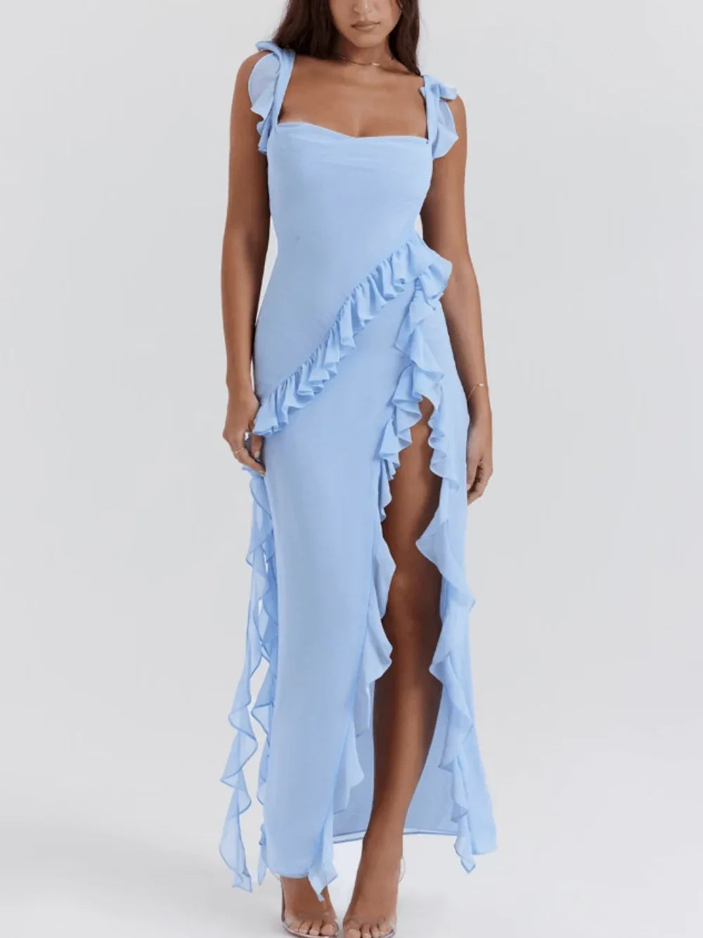 Soft blue ruffle maxi dress