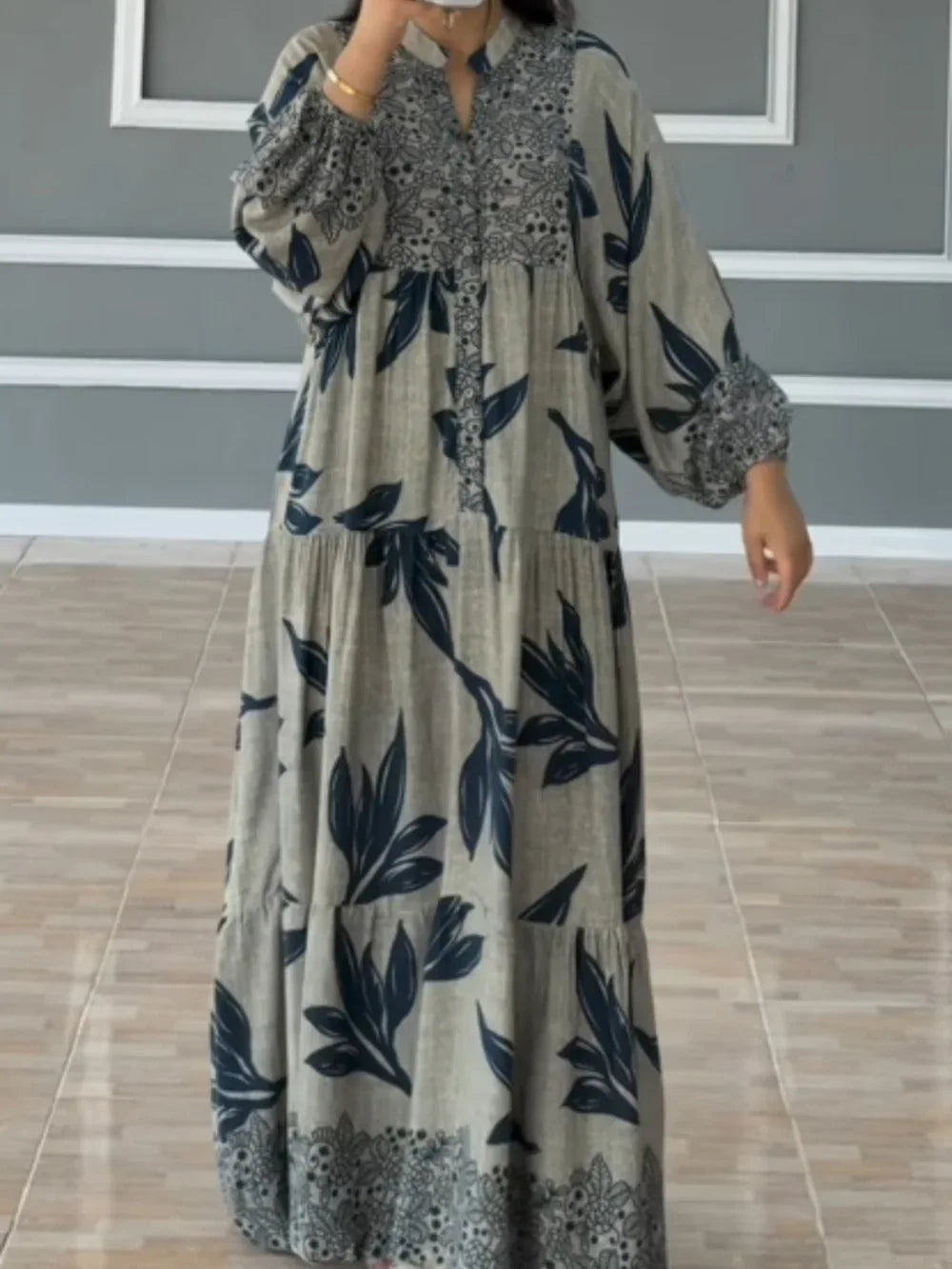 Printed lantern sleeves loose dress