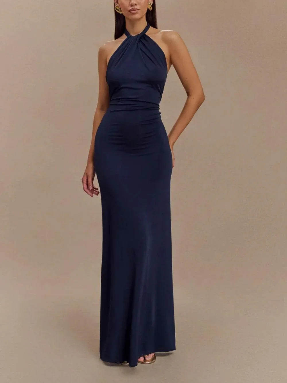 Slinky Halter Maxi Dress - Brown