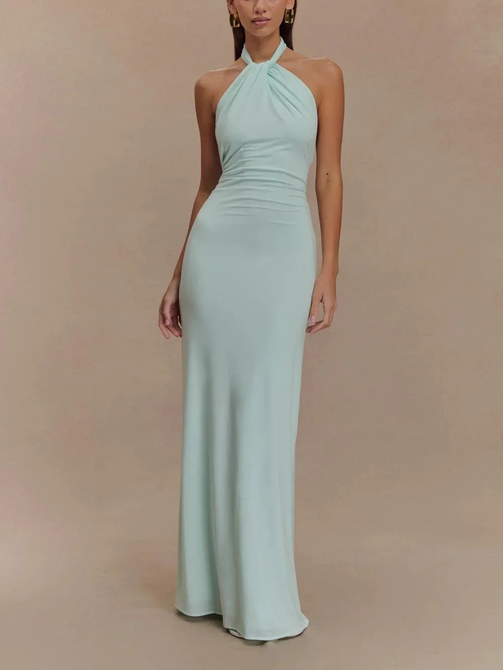 Slinky Halter Maxi Dress - Brown