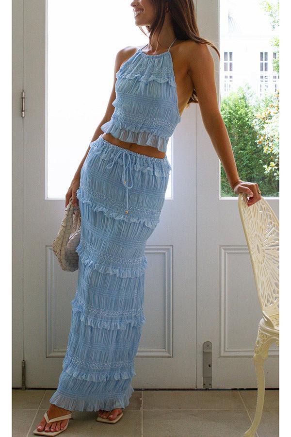 Sleeveless chiffon elastic waist two piece suit