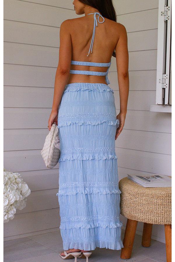 Sleeveless chiffon elastic waist two piece suit