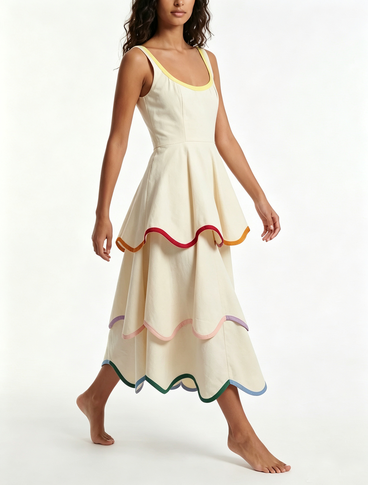 White Contrast Trim Spaghetti Strap Tiered Midi Dress