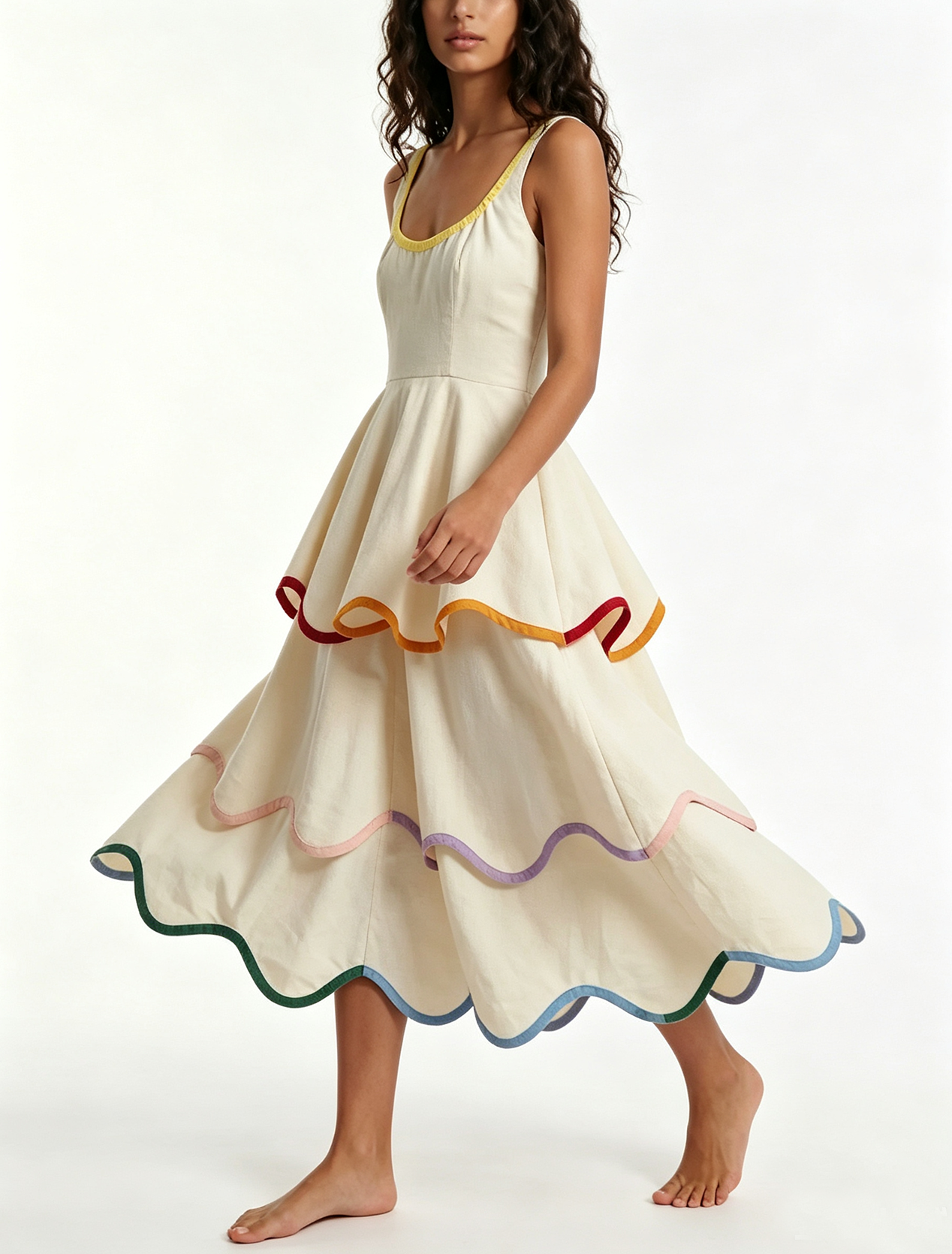 White Contrast Trim Spaghetti Strap Tiered Midi Dress