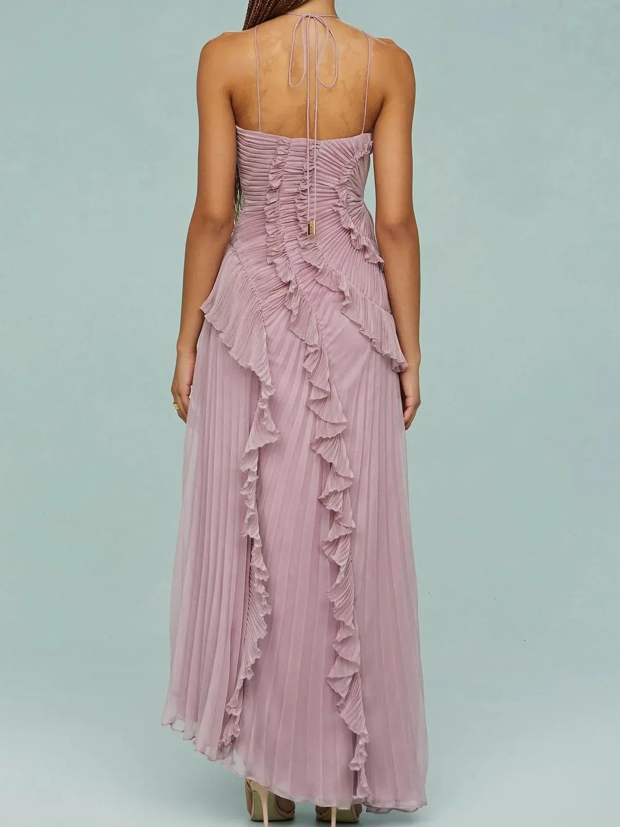 Pleated Suspender Long Dress With Slits