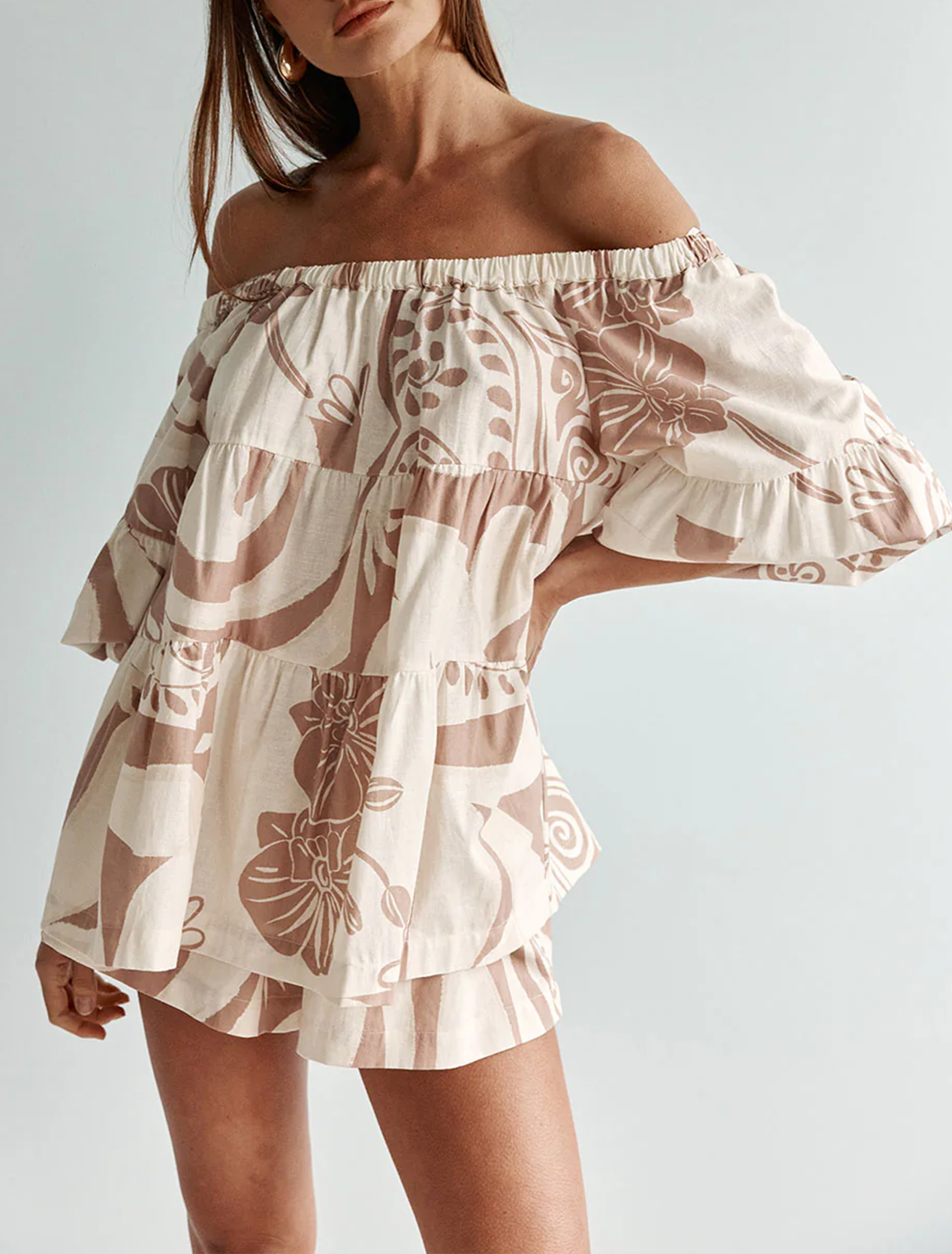Beige Off Shoulder Floral Print Shorts Matching Set