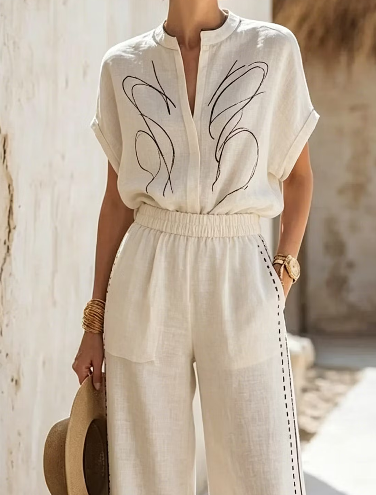 White Round Neck Short Sleeve Loose Pant Set