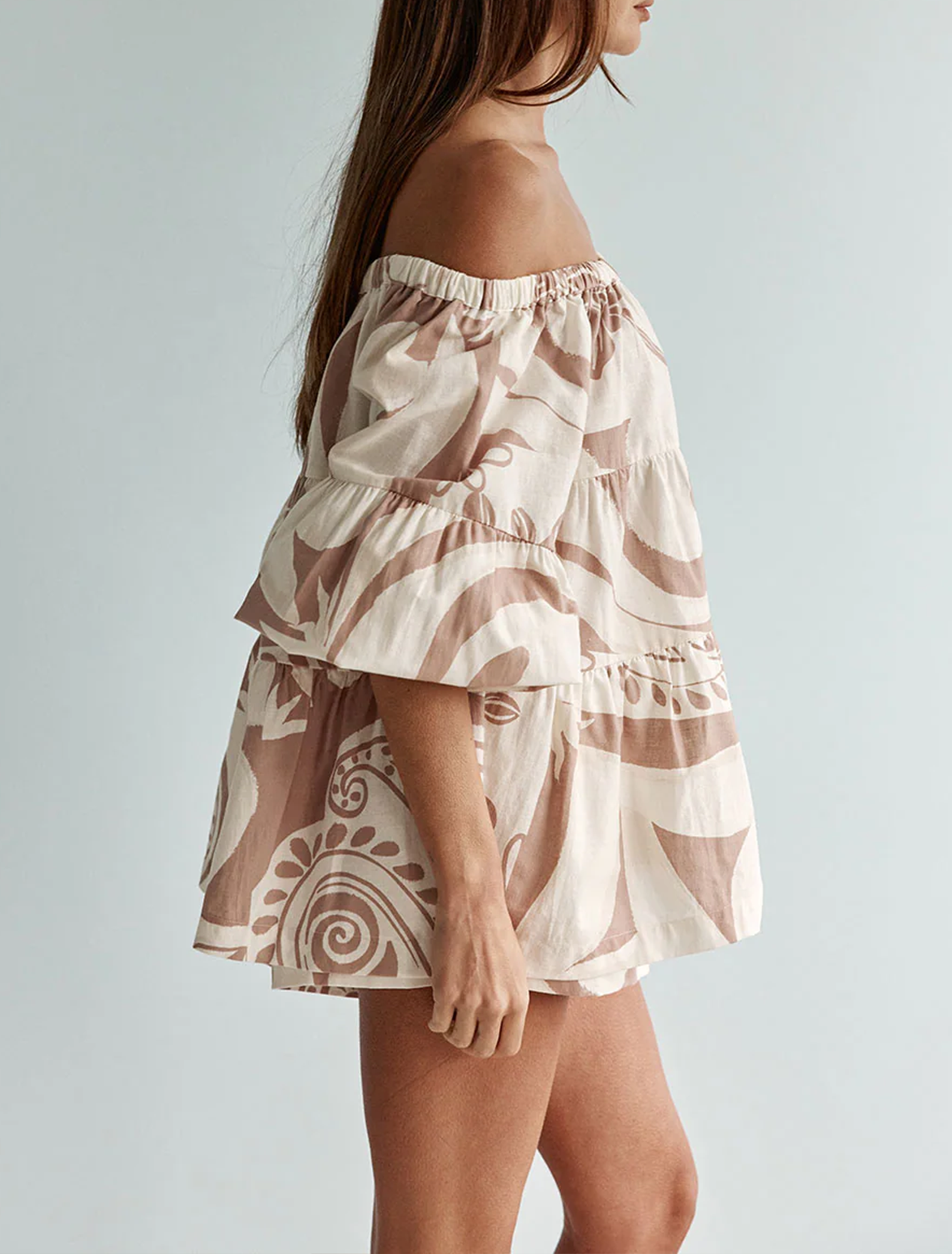 Beige Off Shoulder Floral Print Shorts Matching Set