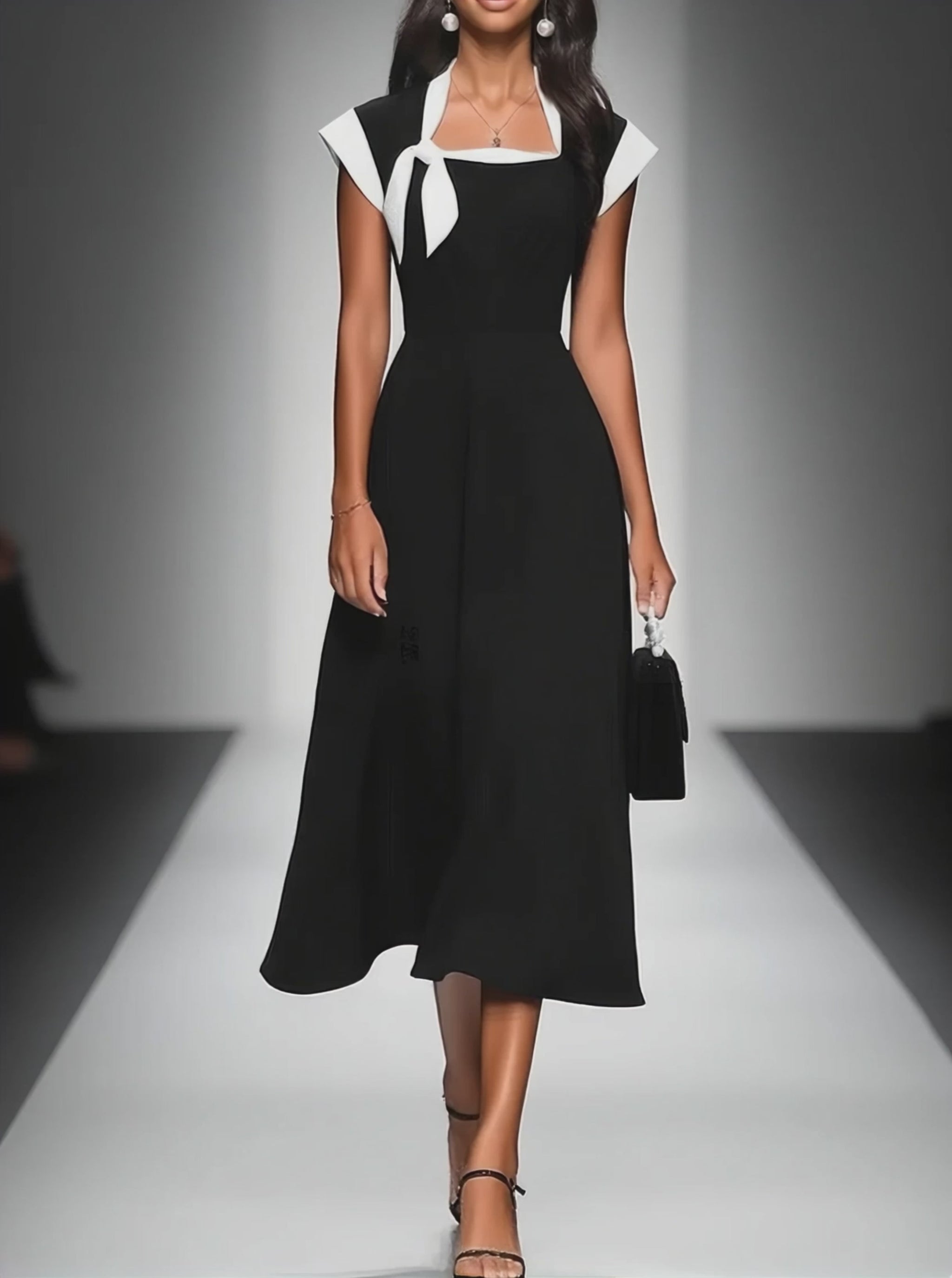 Women's Black Square Neck Cap Shoulder Sleeve Waist Midi Dress