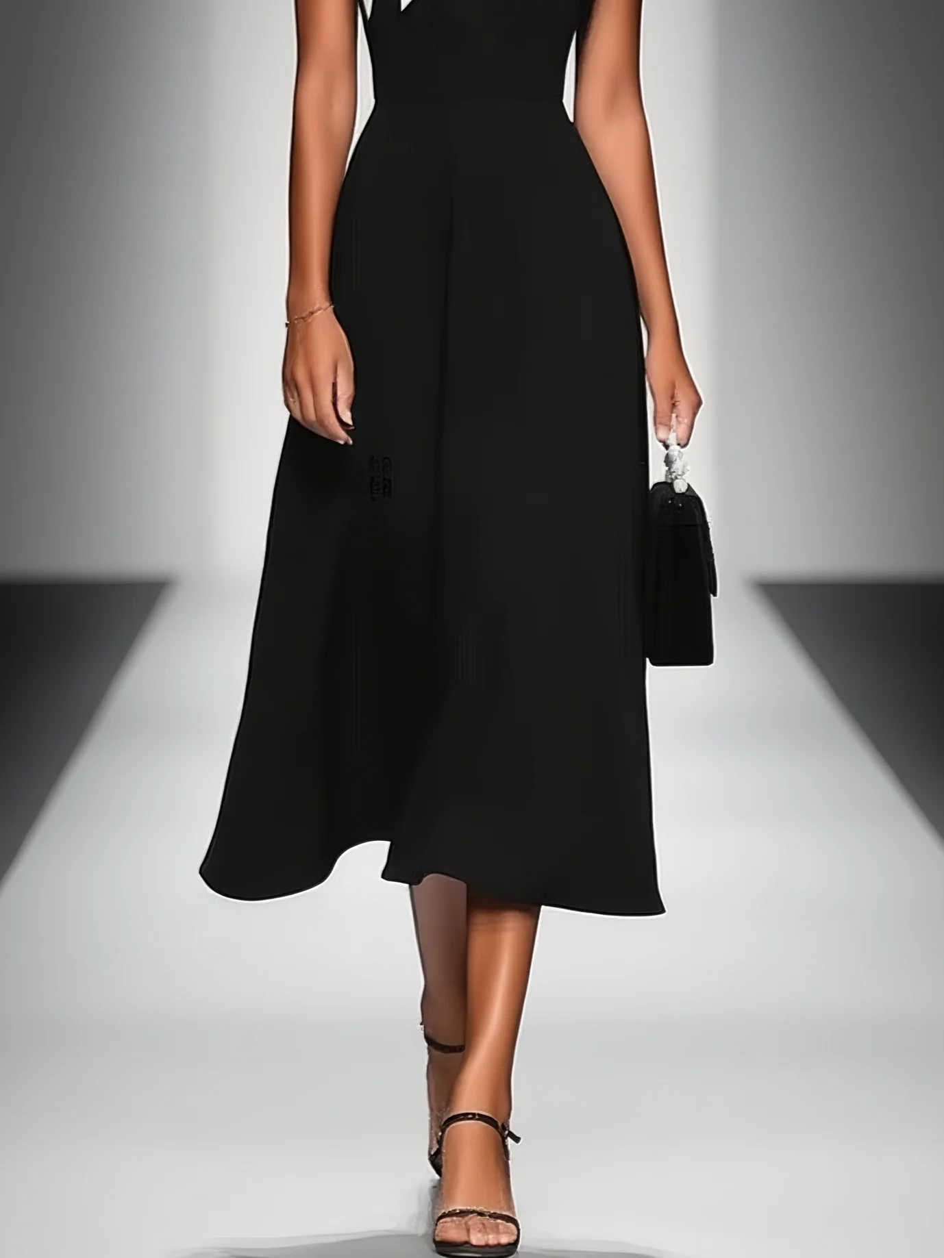 Women's Black Square Neck Cap Shoulder Sleeve Waist Midi Dress