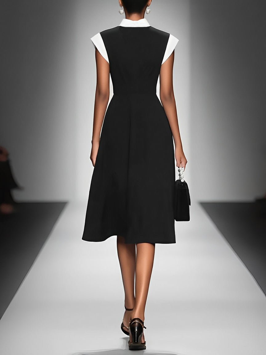 Women's Black Square Neck Cap Shoulder Sleeve Waist Midi Dress