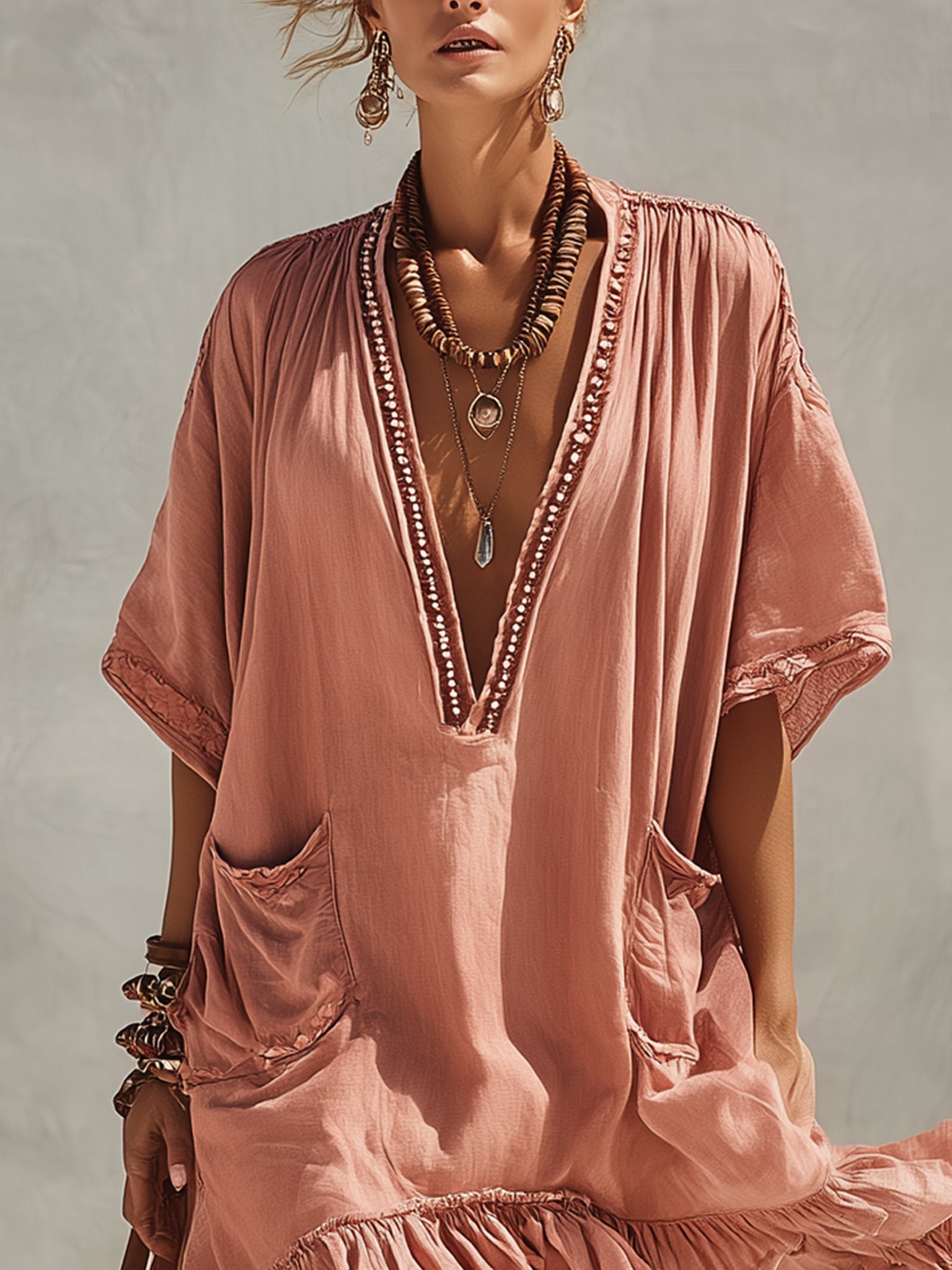 Pink V-neck Ruffled skirt hem Loose Pocketed Midi Dress