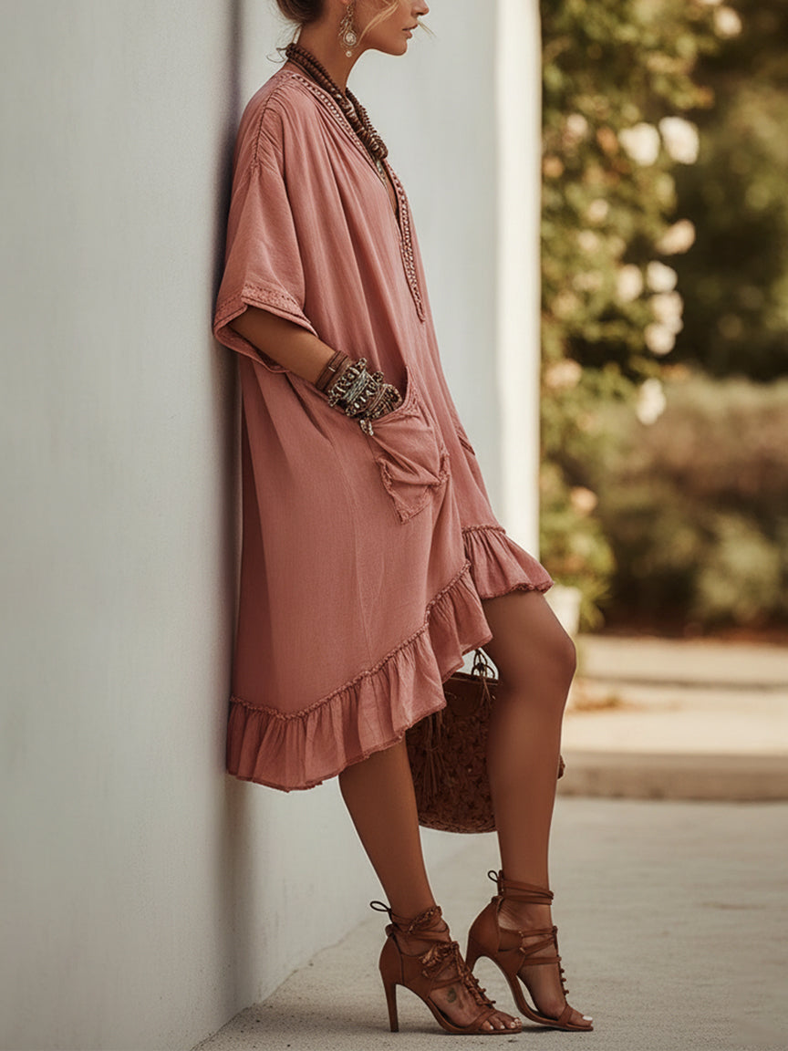 Pink V-neck Ruffled skirt hem Loose Pocketed Midi Dress