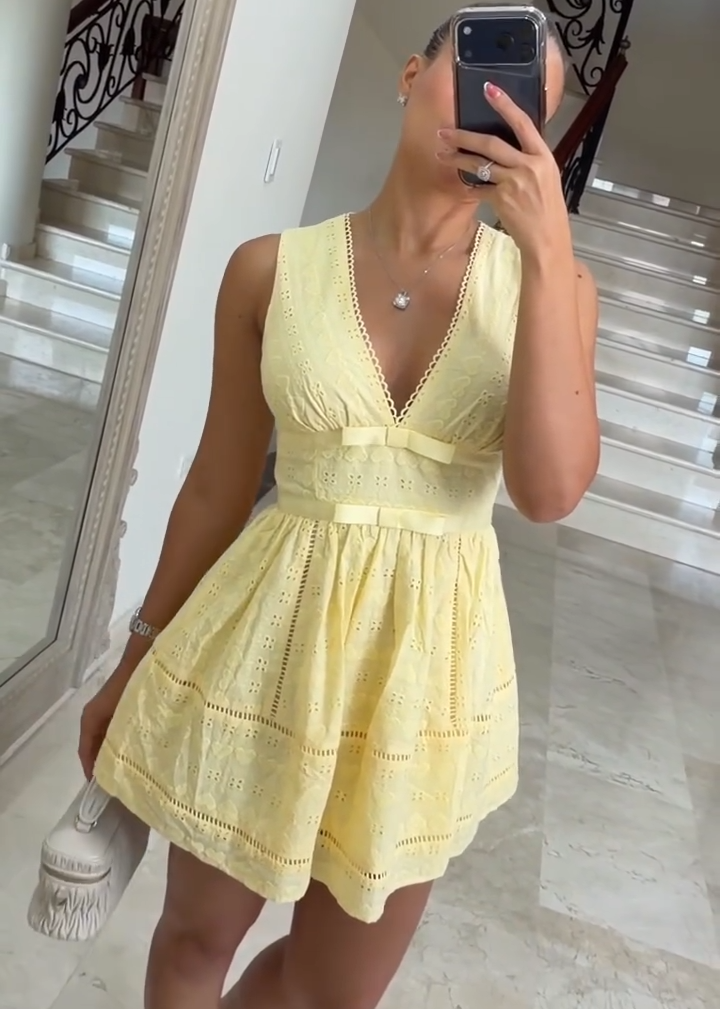 Light Yellow Lace-trimmed Deep V-neck Sleeveless Playful A-line Mini Dress