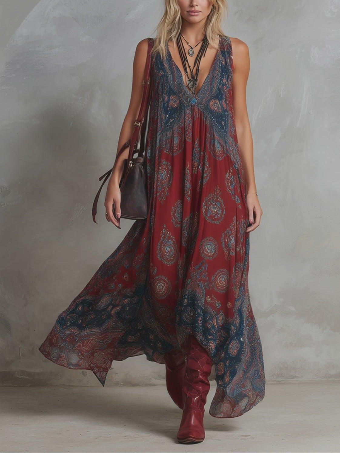 Retro Ethnic Bohemian Print Chiffon Sleeveless Maxi Dress