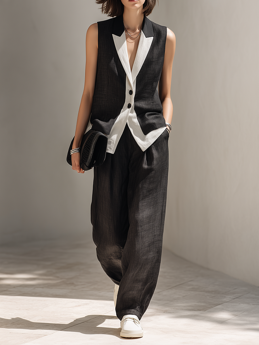 Women's White Patchwork Lapel Black Sleeveless Vest And Wide-Leg Pants Set