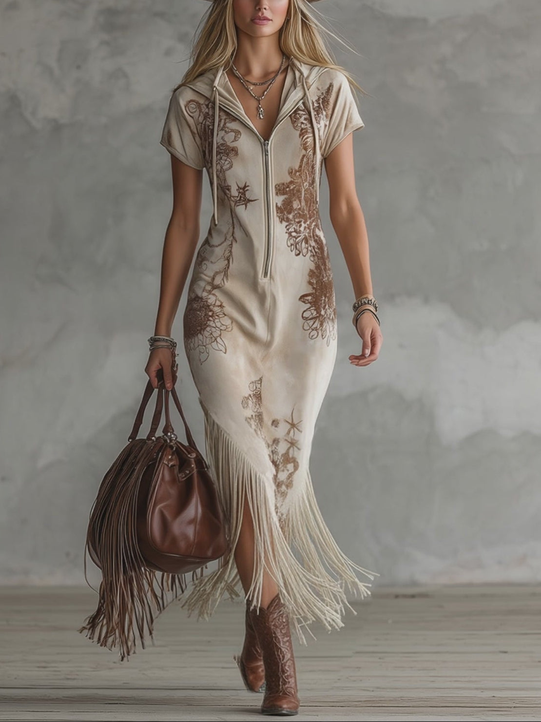 Western-style Vintage Floral Off-white Faux Suede Hooded Tassel Maxi Dress