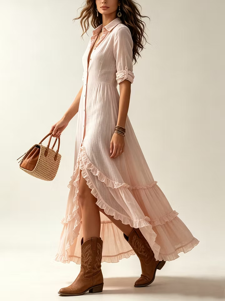 Pink Shirt Ruffle Hem Maxi Dress