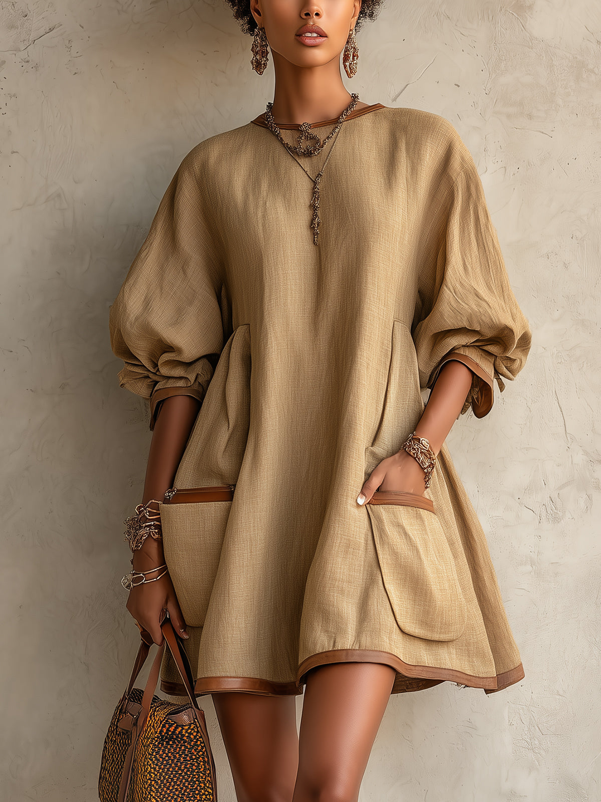 Khaki Linen Textured Balloon Sleeve Oversized Pocket Mini Dress