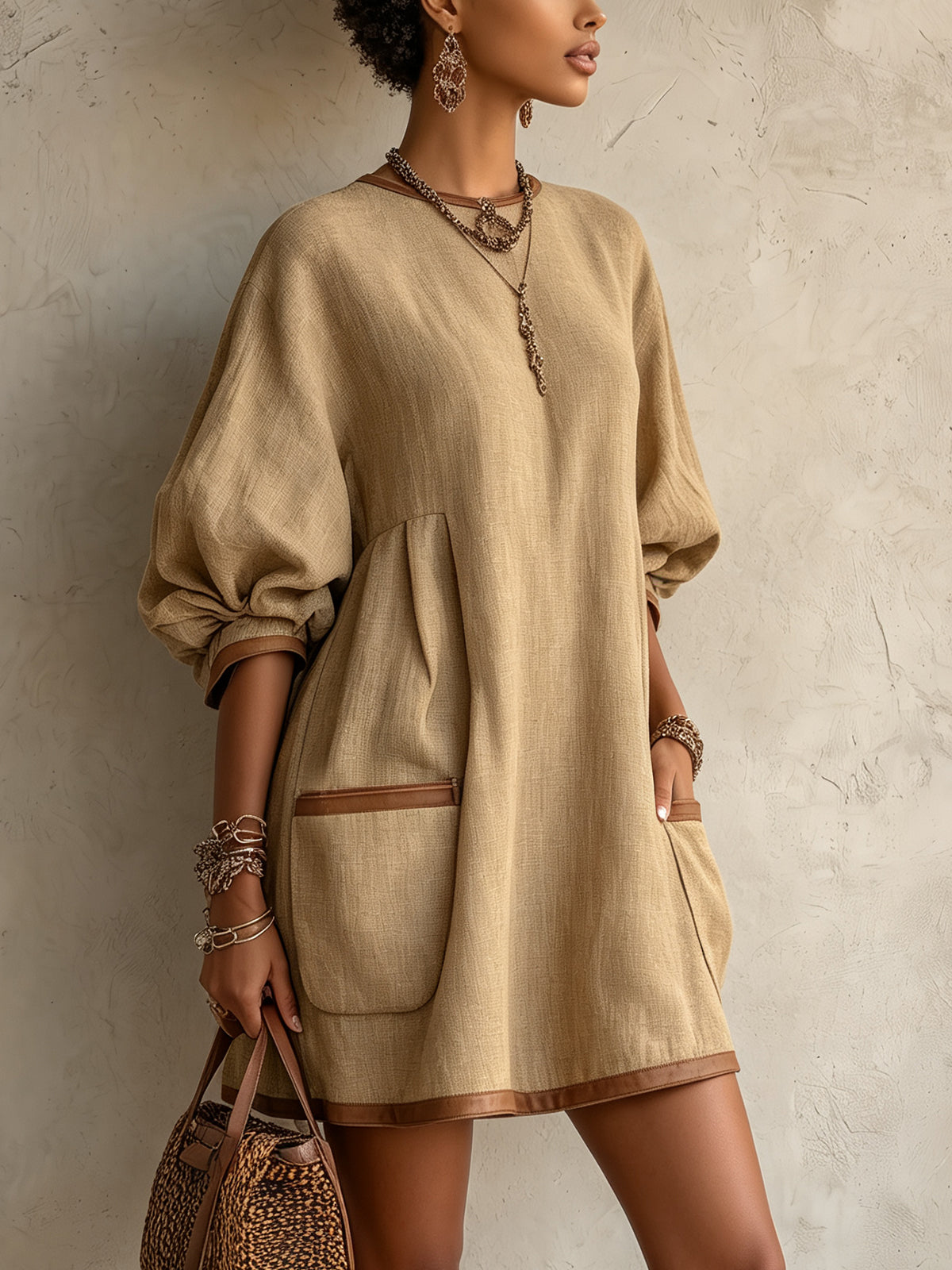 Khaki Linen Textured Balloon Sleeve Oversized Pocket Mini Dress