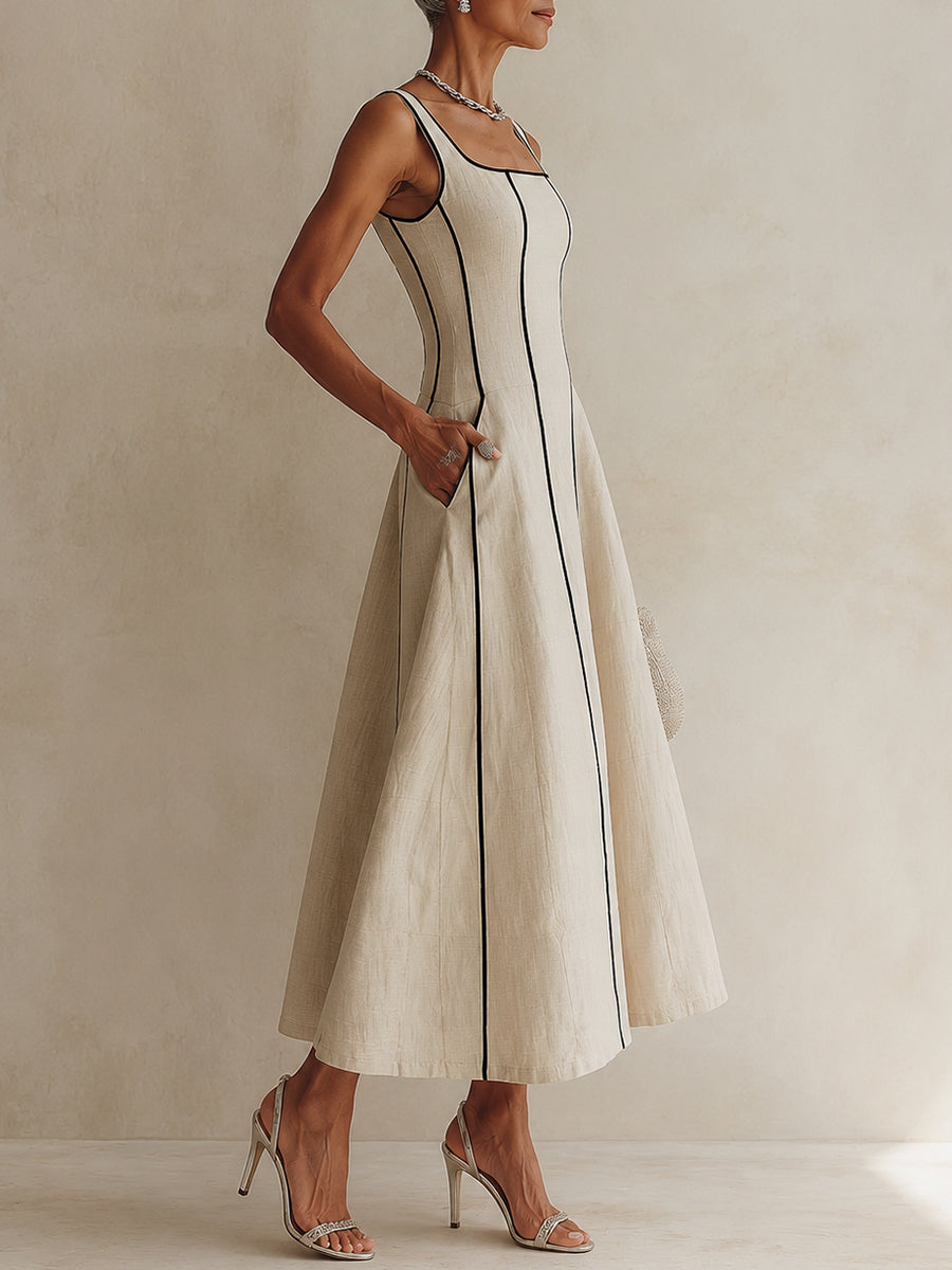 Off-White Minimalist Black Striped A-Line Maxi Dress