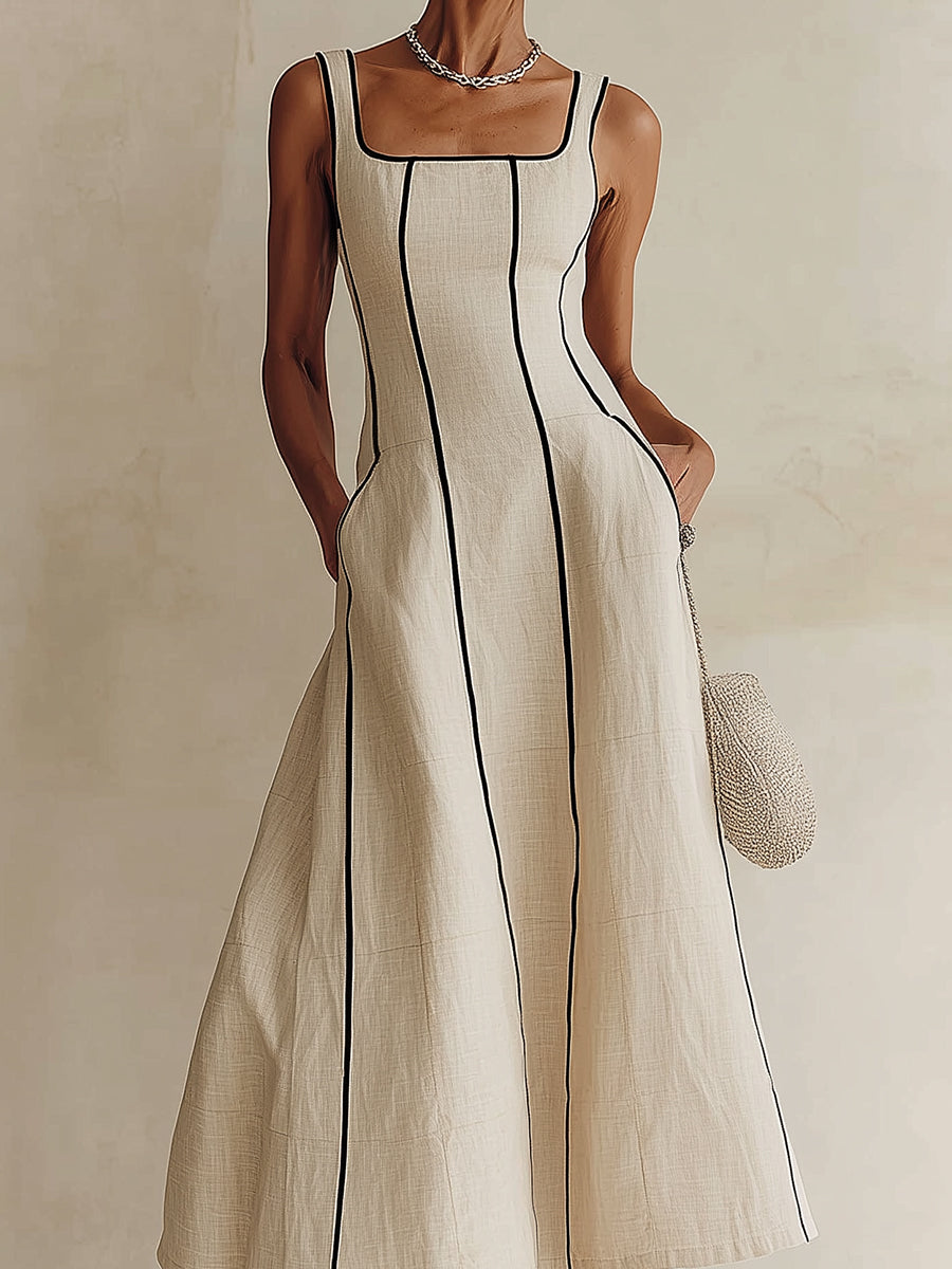 Off-White Minimalist Black Striped A-Line Maxi Dress