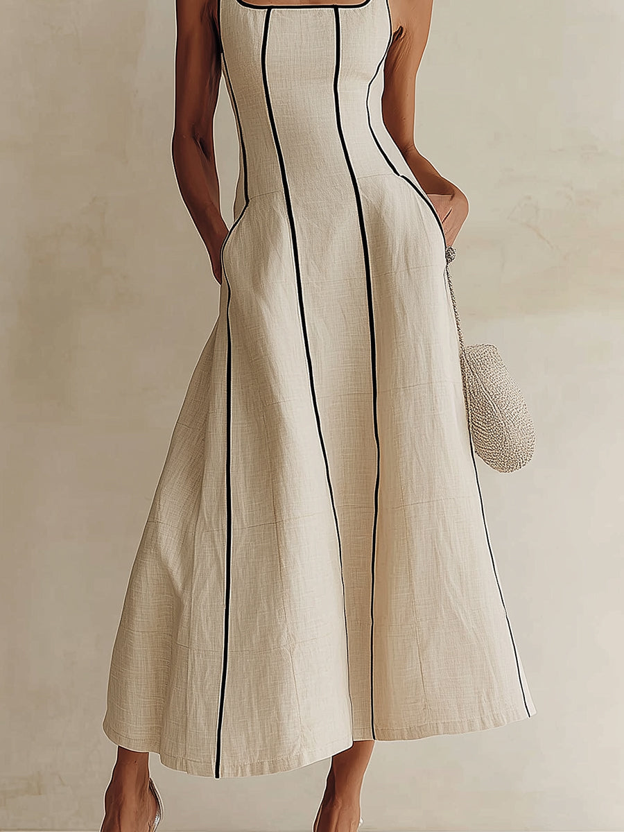 Off-White Minimalist Black Striped A-Line Maxi Dress