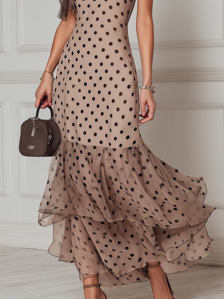 Dusty Pink Elegant Polka-Dot Bow Neck Tiered Ruffled Hem Chiffon Maxi Dress