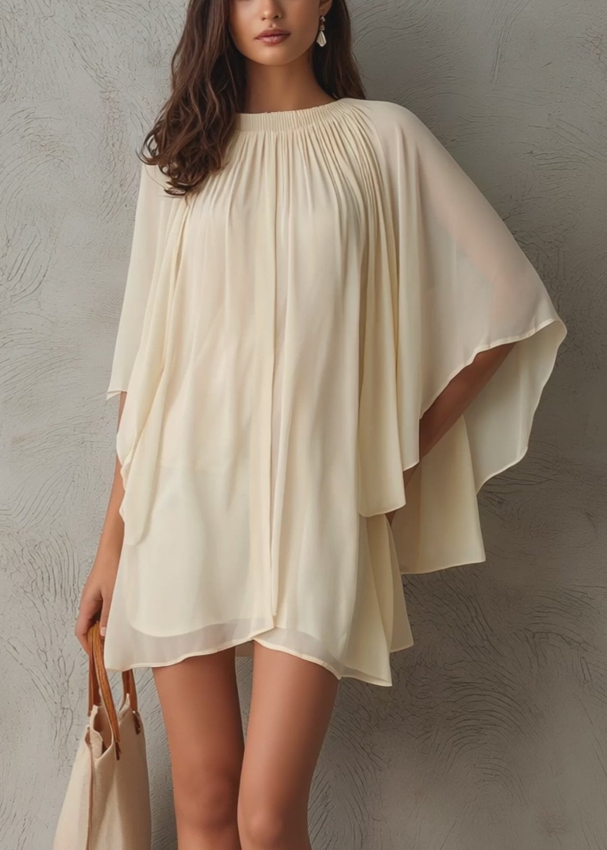 Women's Beige Chiffon Cape Sleeves Mini Dress